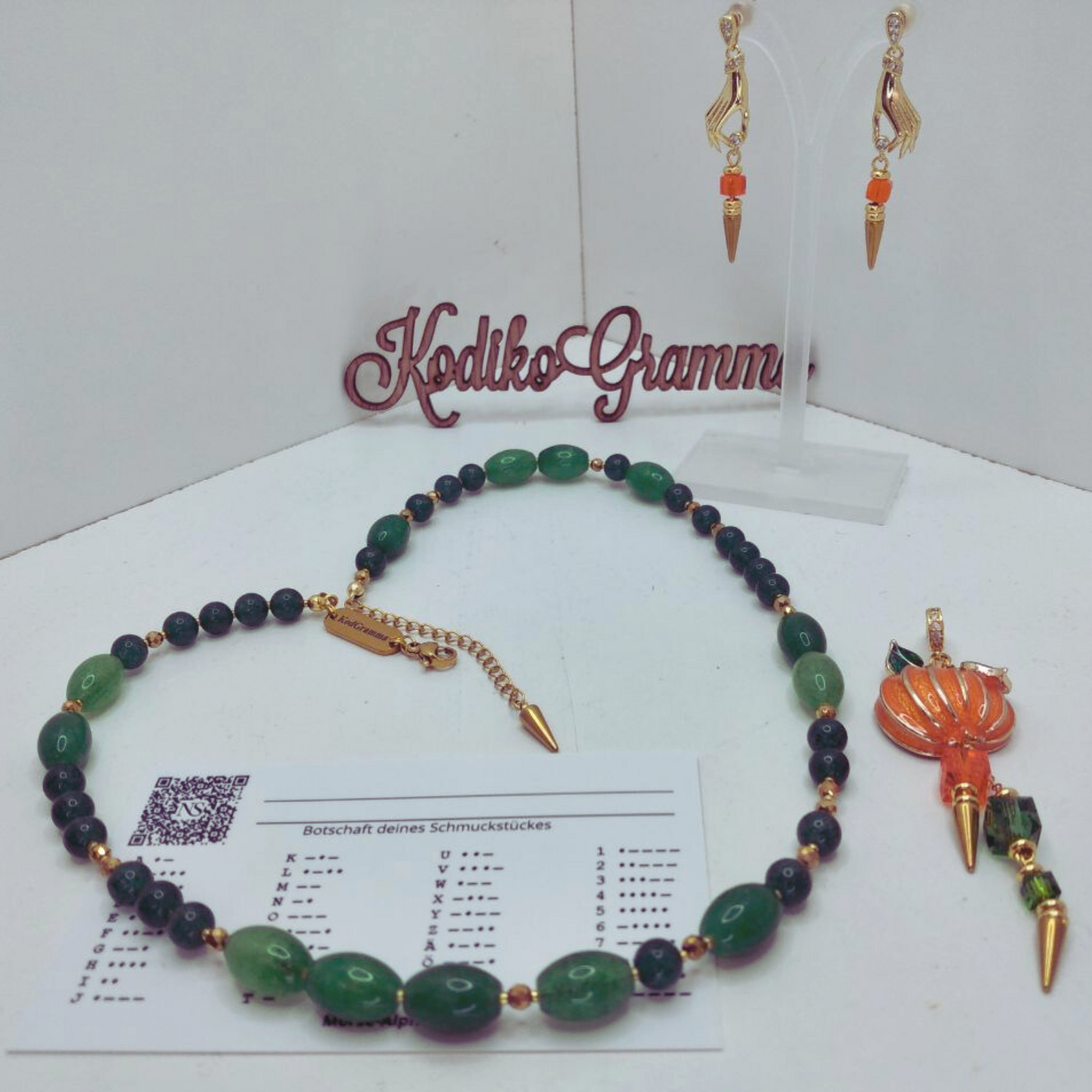 KodikoGramma Halloween Schmuck-Set mit Morse-Code Botschaft Hab Sonne im Herzen – Kette und Ohrringe